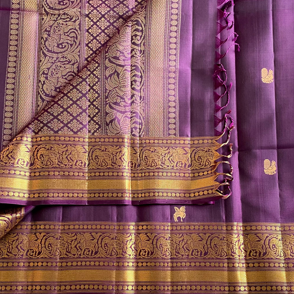 Deep Purple Designer Pure Silk Saree With Antique Gold Pallu And Paisley Border