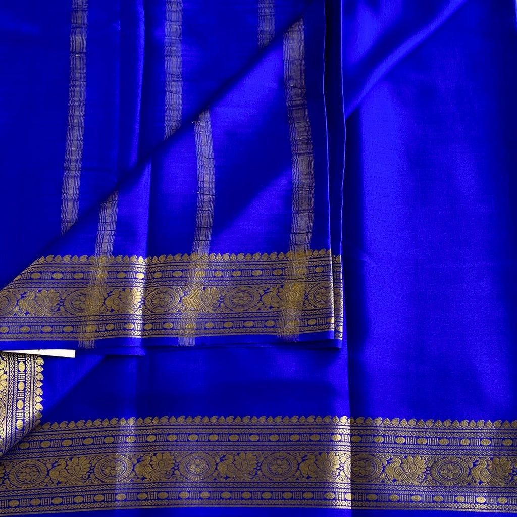 MS Blue Mysore Crepe Silk Saree With Metallic Gold Border