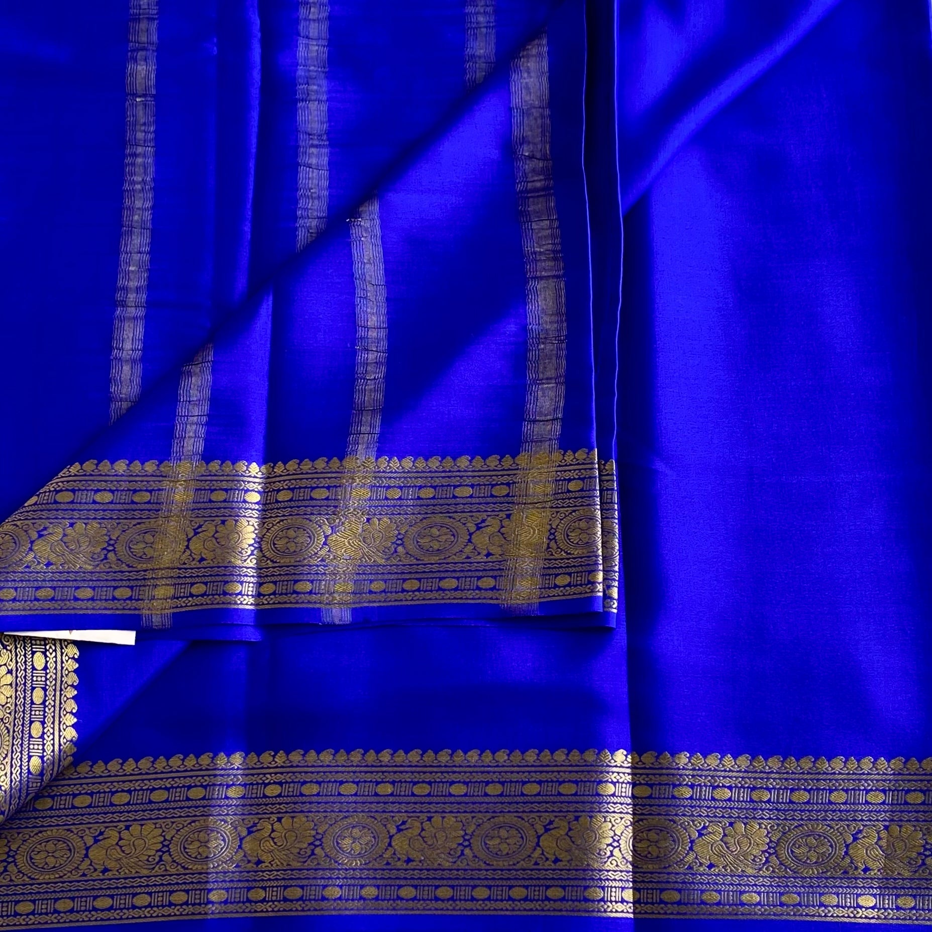 MS Blue Mysore Crepe Silk Saree With Metallic Gold Border