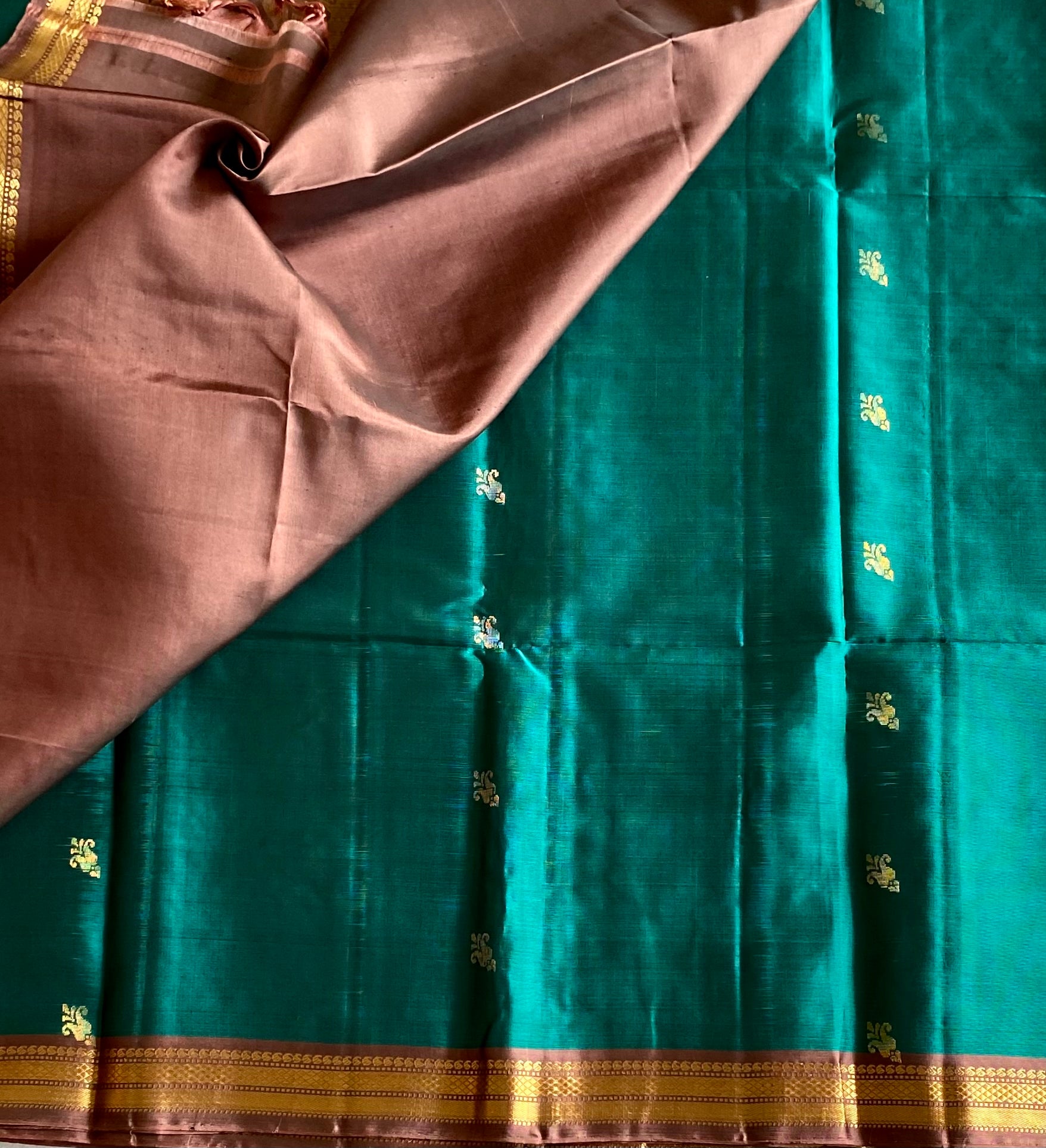 Teal Silk Saree with Burgundy Gold Zari Pallu and Border