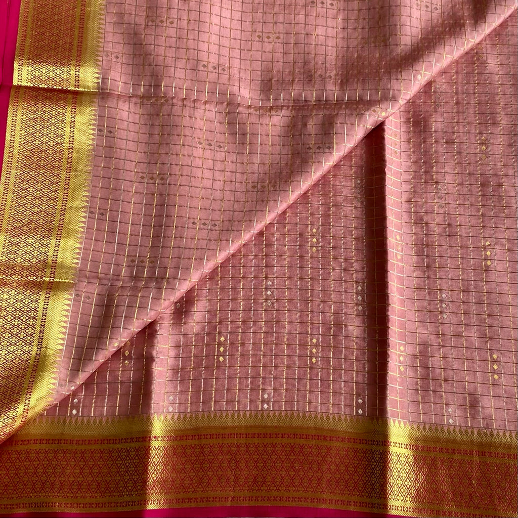 Blush Pink Mysore Crepe Silk Saree With Rani Pink Pallu
