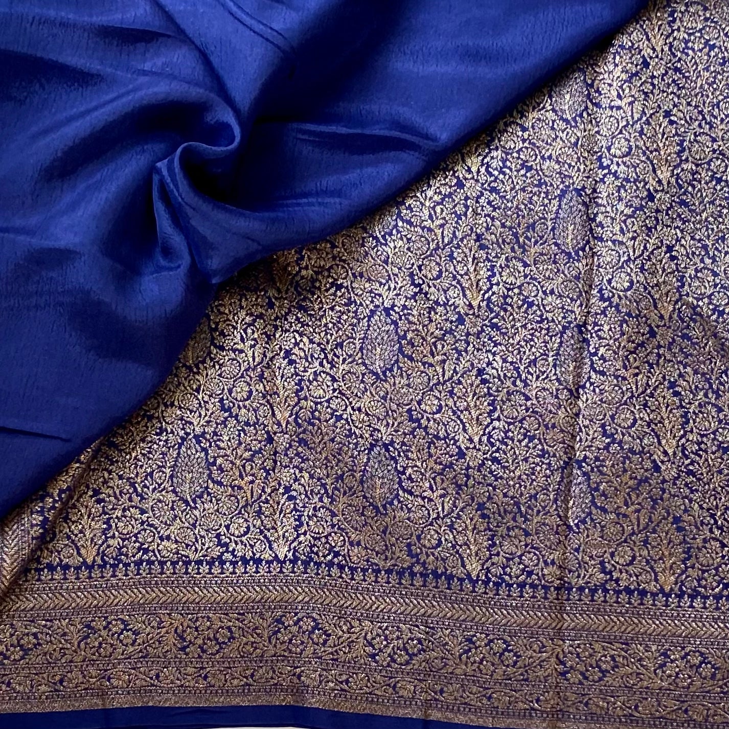 Royal Blue Brocade Saree Antique Gold Paisley Panels Rich Floral Border