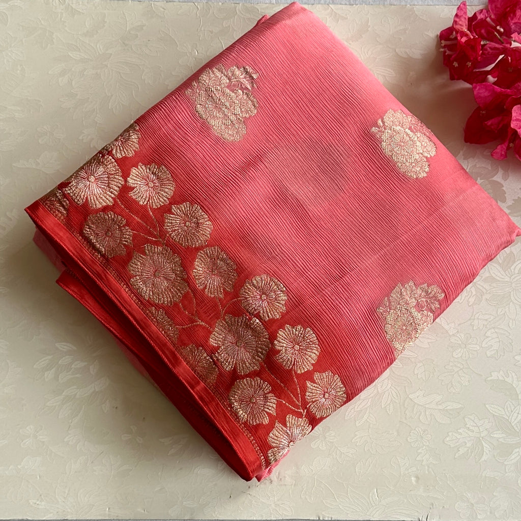 Ombre Coral with red lightest weight soft Georgette elegance