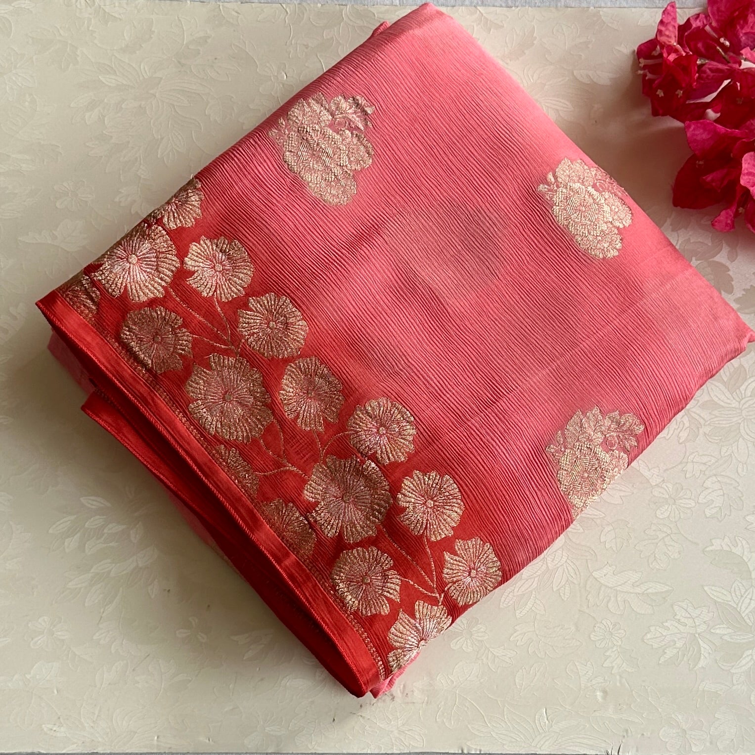 Ombre Coral with red lightest weight soft Georgette elegance