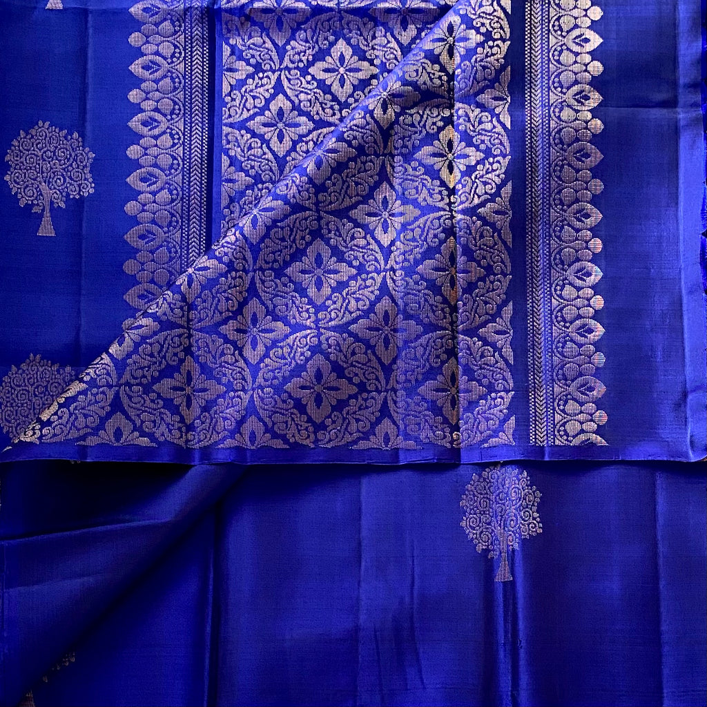 Royal Blue Designer Pure Silk Saree Metallic Gold Brocade Border Contrast Pallu