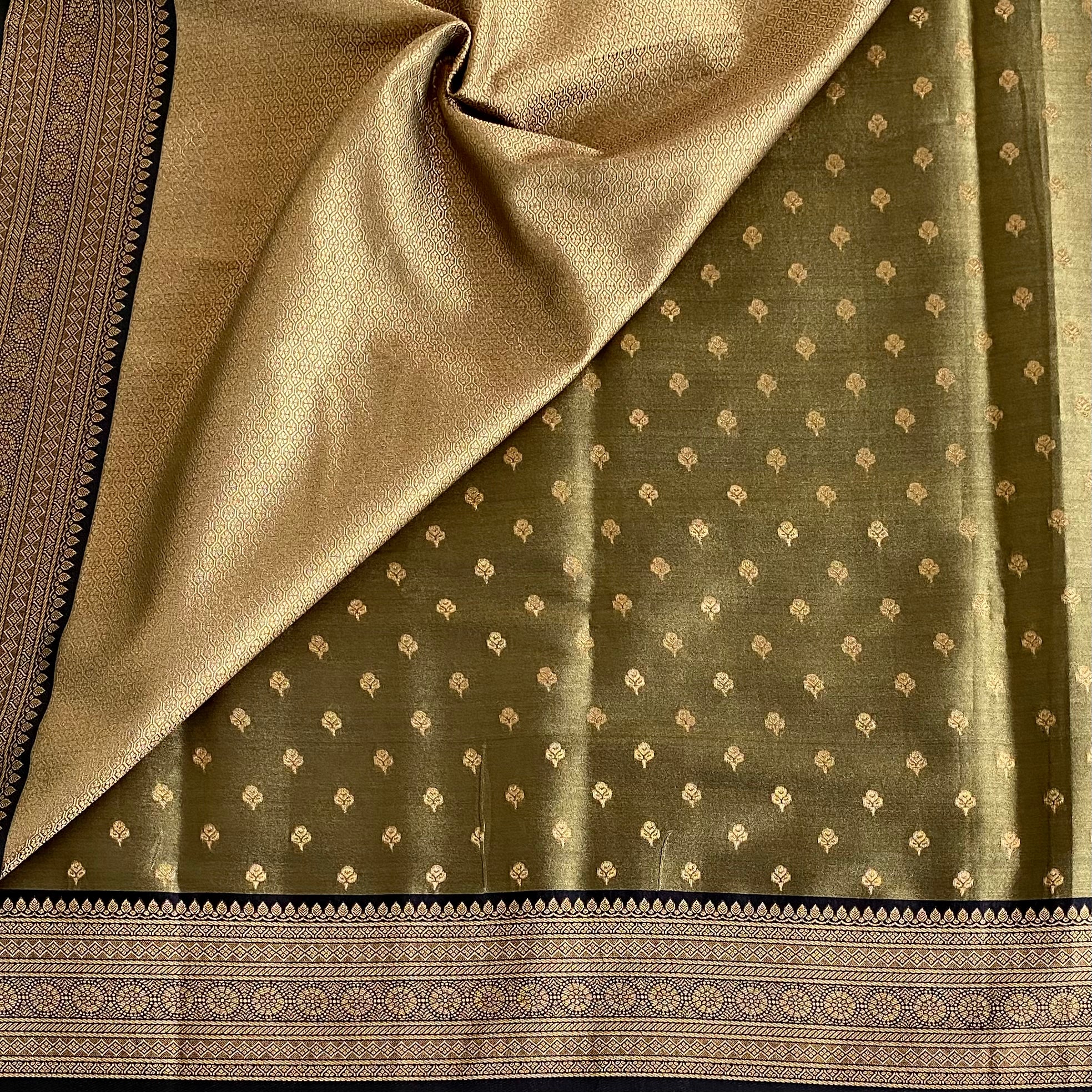 Olive Green Gold Brocade Tissue Silk With Tassel Pallu Border