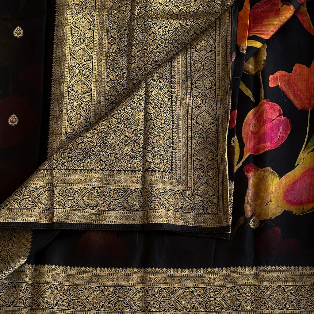 Midnight green Floral Luxury soft tussar Saree with Antique Gold Brocade Border