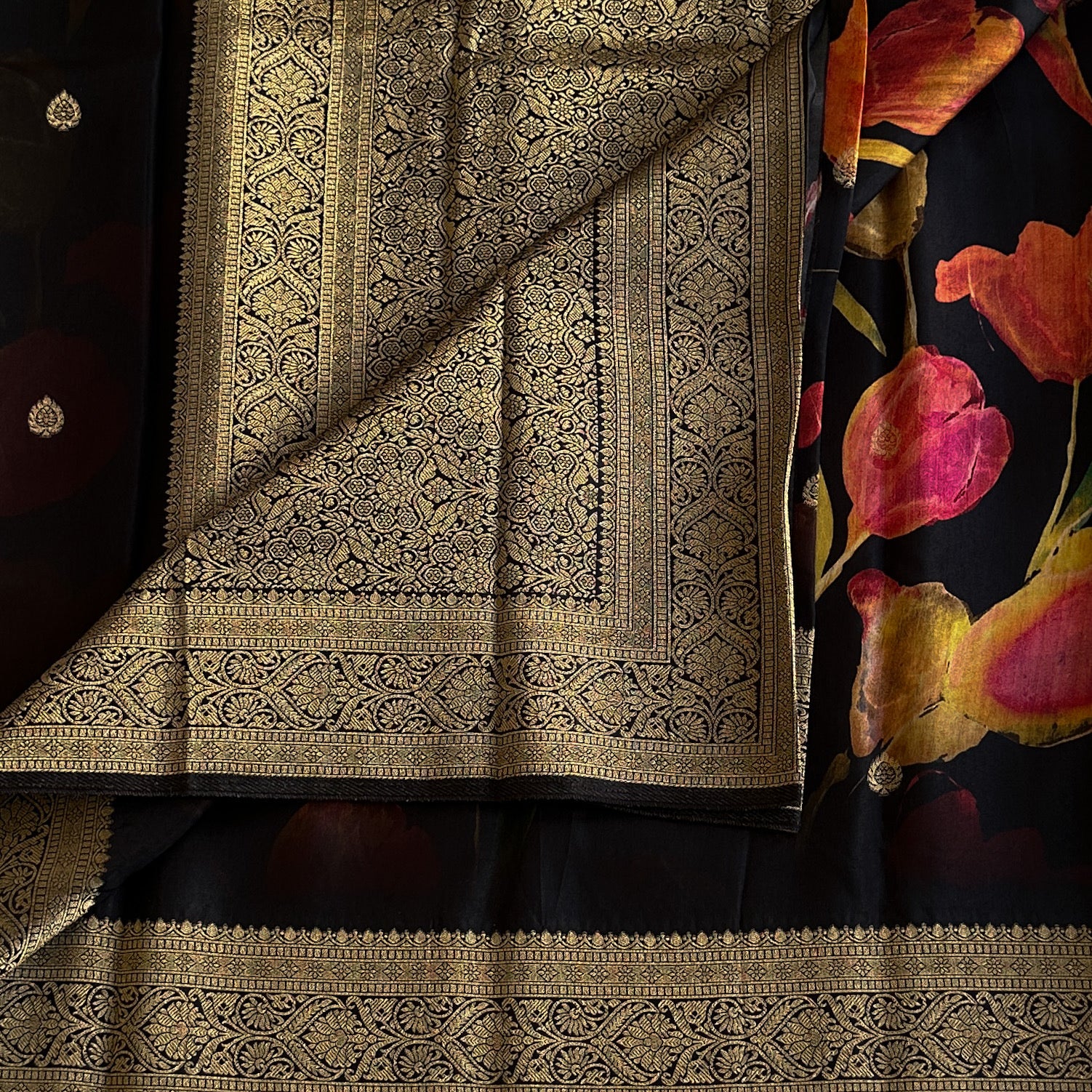 Midnight green Floral Luxury soft tussar Saree with Antique Gold Brocade Border