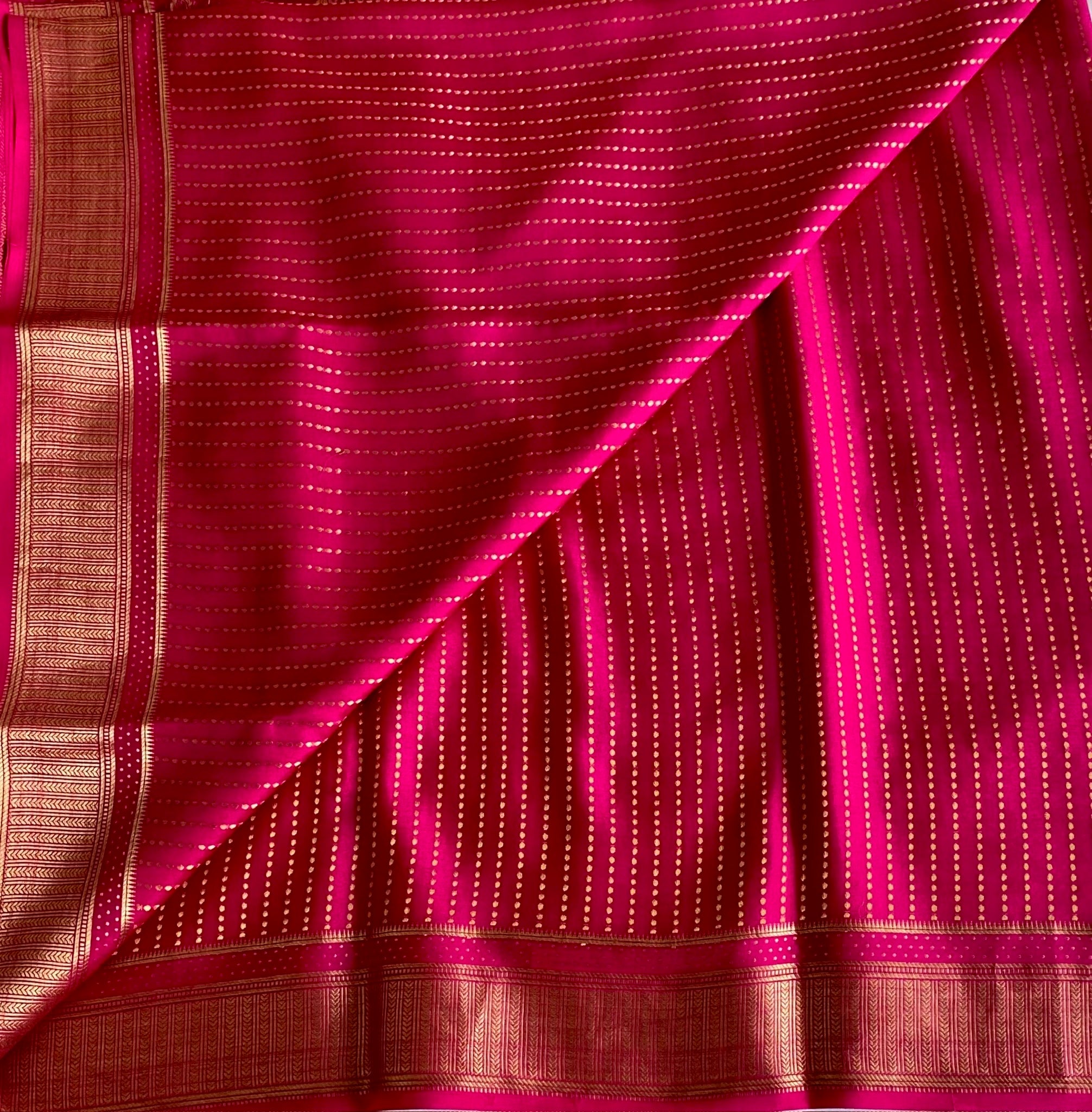 Mysore Crepe Silk Rani Pink Saree With Gold Zari Border