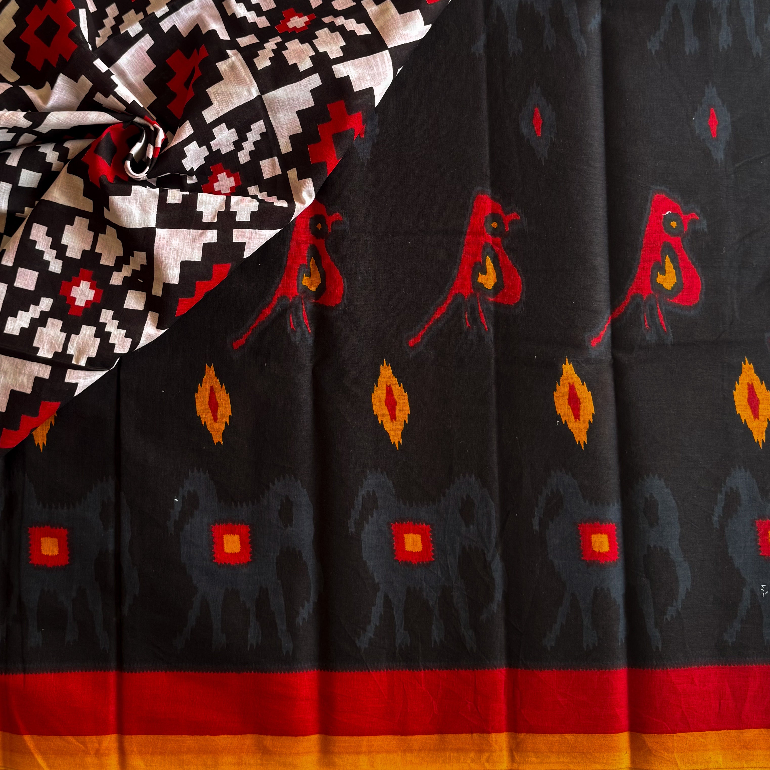 Crimson Black Ikat Saree Elephant Motif Handloom Cotton Silk Border