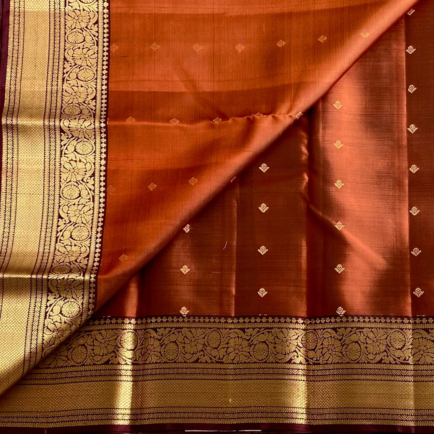 Burnt Orange Designer Pure Silk Saree With Burgundy Border And Gold Pallu