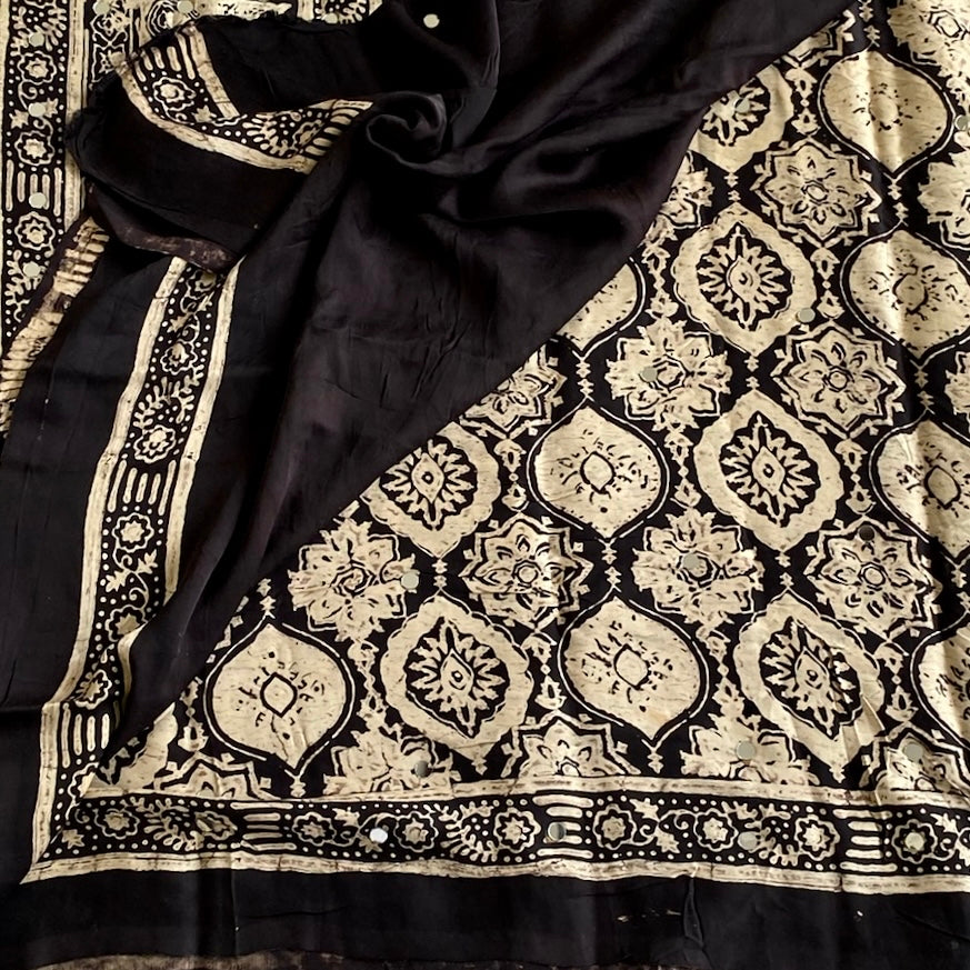 Ajrakh Handblock Printed Silk with Mirror Handwork Jet Black Saree With Antique Gold Motifs