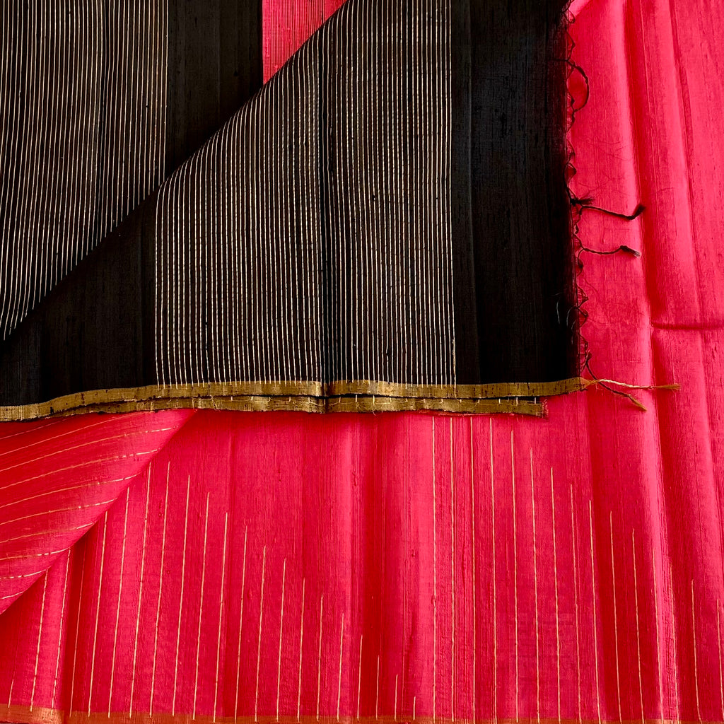 Peach Pink Designer Pure Raw Silk Saree With Jet Black Pallu Gold Stripes