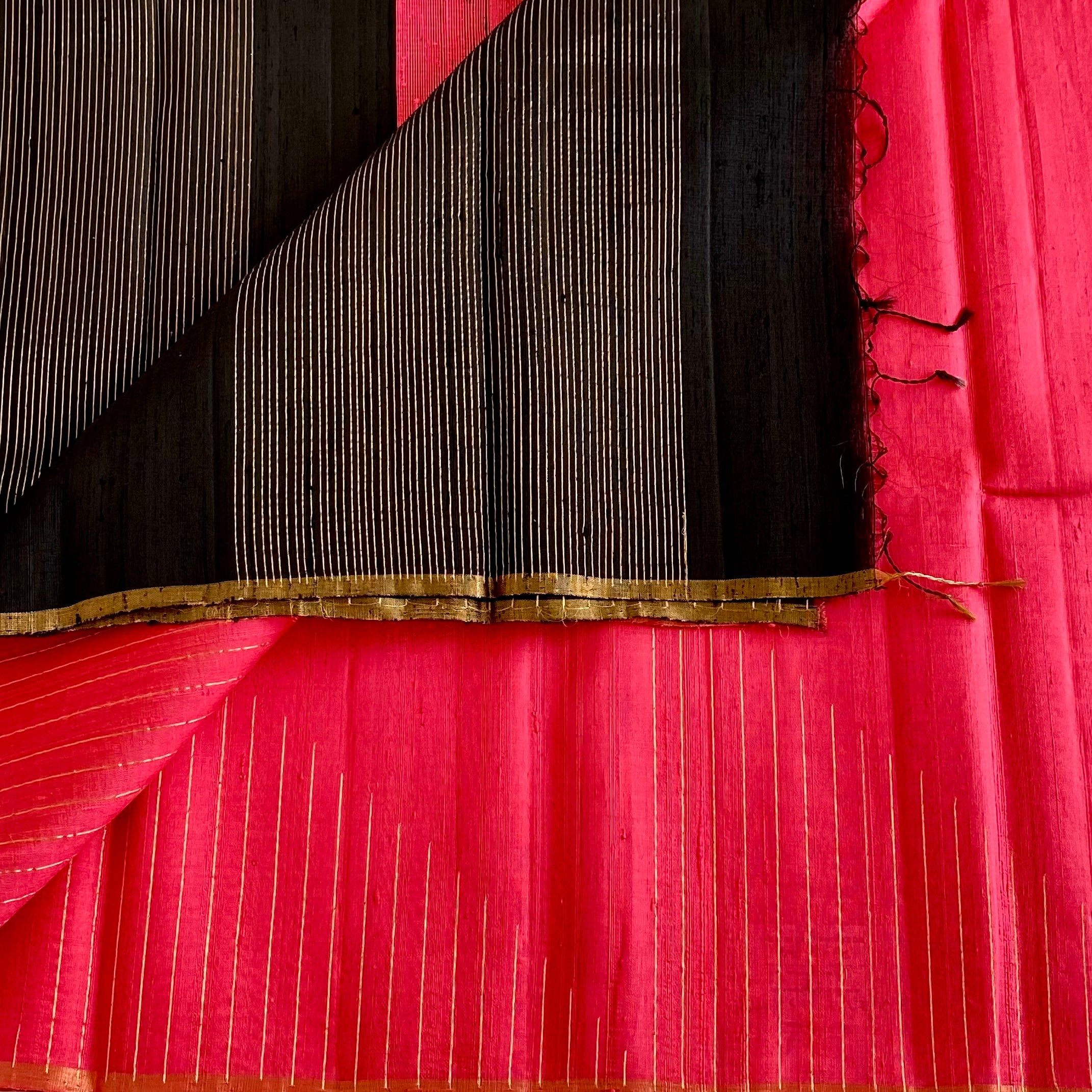 Peach Pink Designer Pure Raw Silk Saree With Jet Black Pallu Gold Stripes