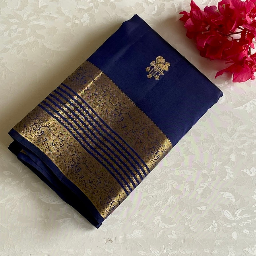 Midnight Navy Blue Designer Pure Silk Saree With Zari Gold Border And Pallu