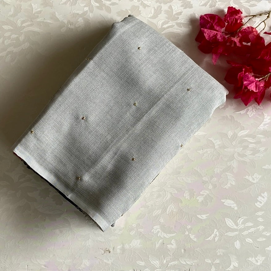 Soft Tinted grey jute Tussar Saree With Antique Black Gold Embroidery Blouse