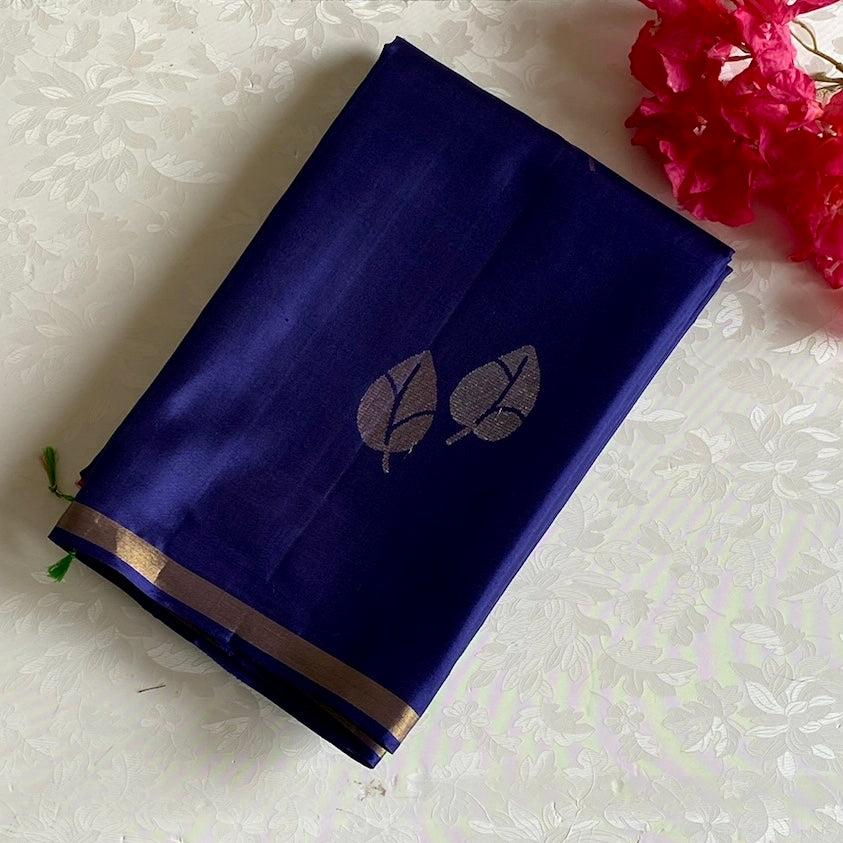 Midnight Navy Designer Pure Silk Saree With Sea Green Pallu Gold Zari