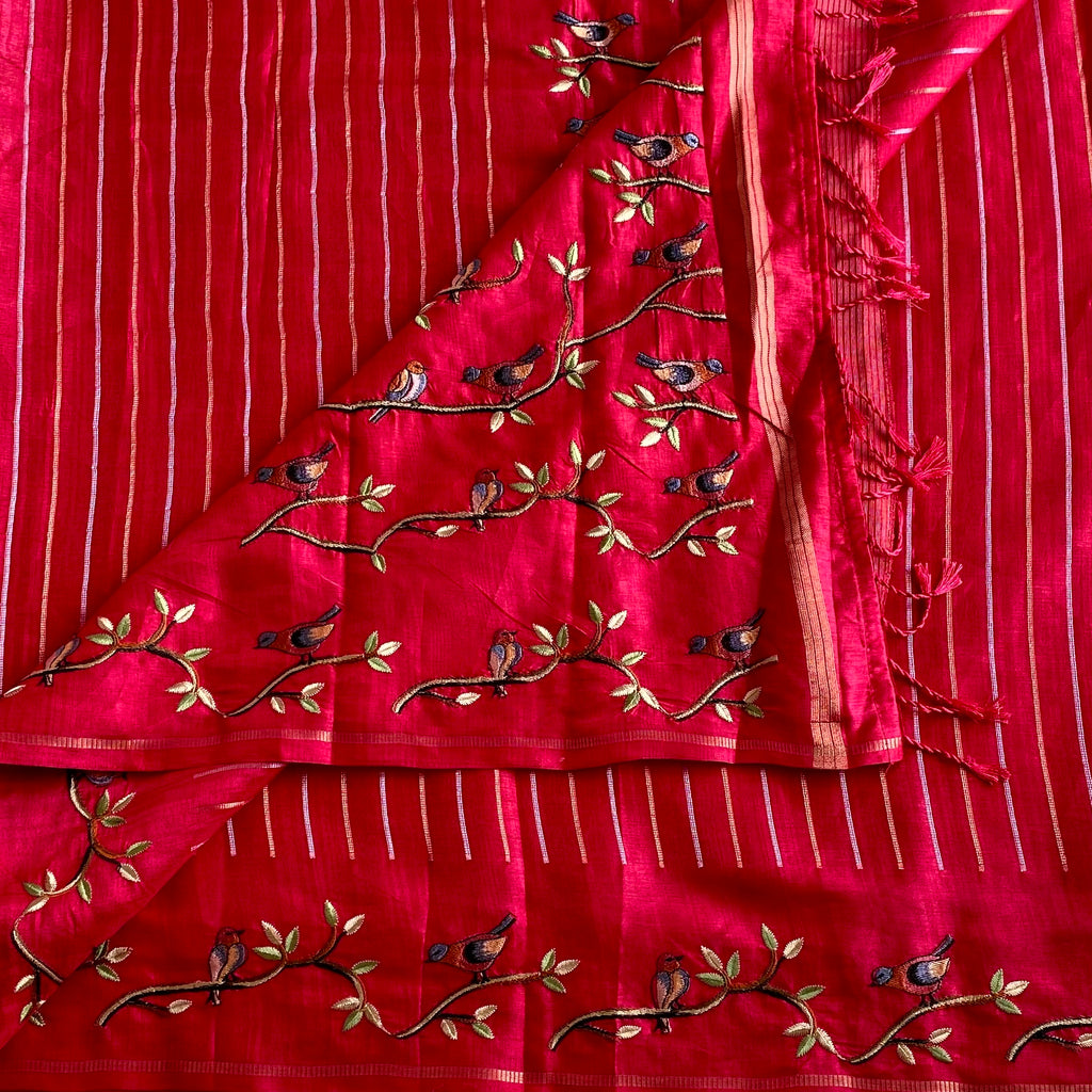 Rani Pink Soft Tussar With Stripes & Designer Embroidered Borders
