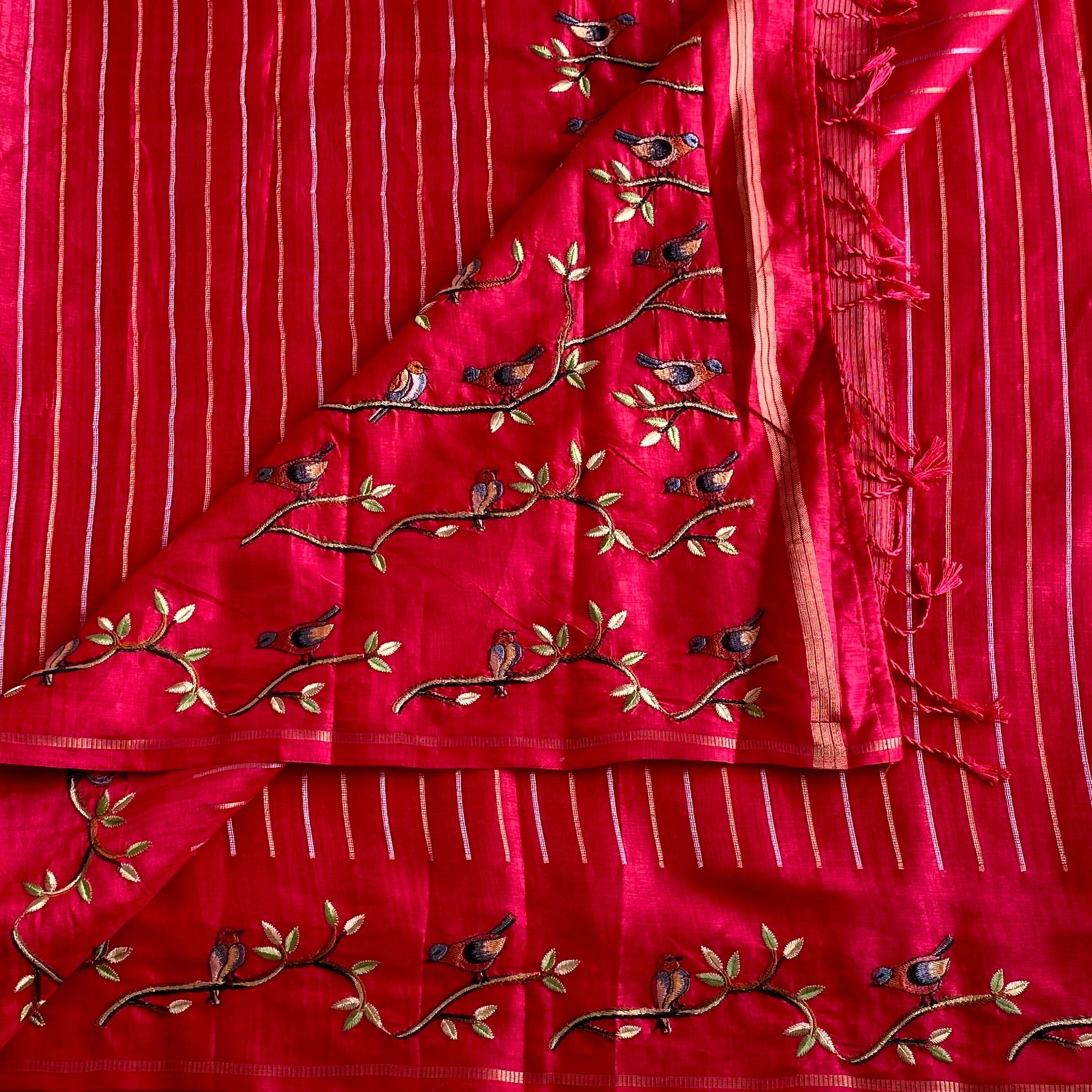 Rani Pink Soft Tussar With Stripes & Designer Embroidered Borders