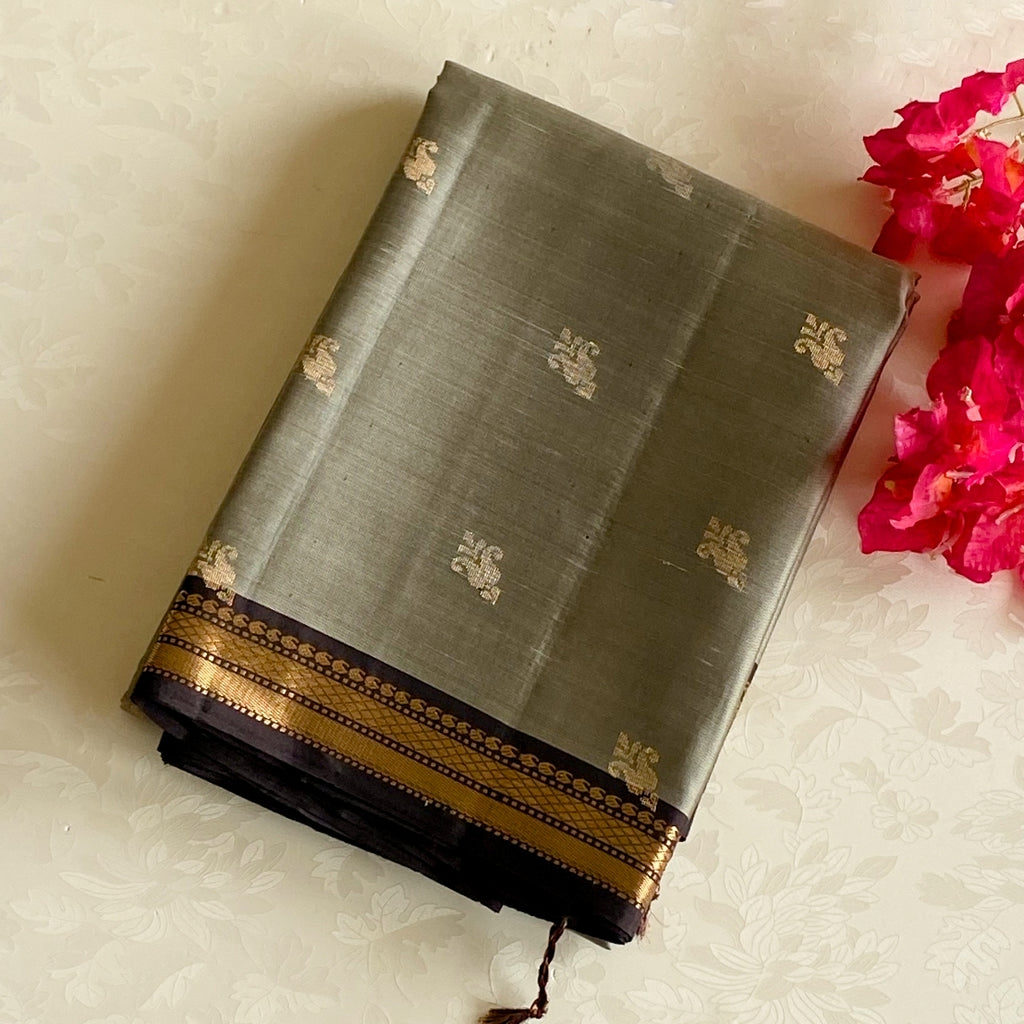 Sage greenish grey  Silk Saree Dark Brown Pallu antique Zari Border