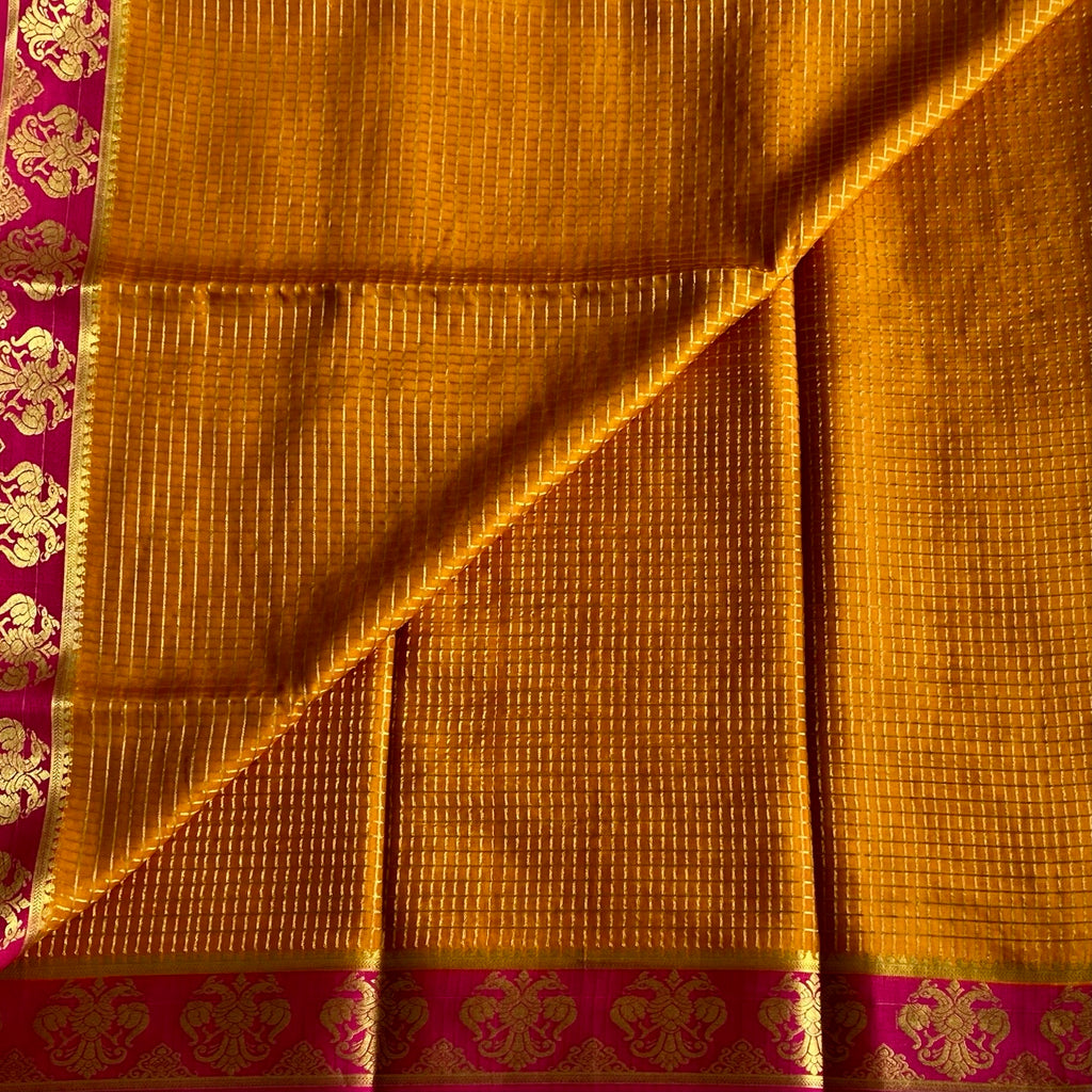 Mysore Crepe Silk Deep Mustard Saree With Rani Pink Border And Zari