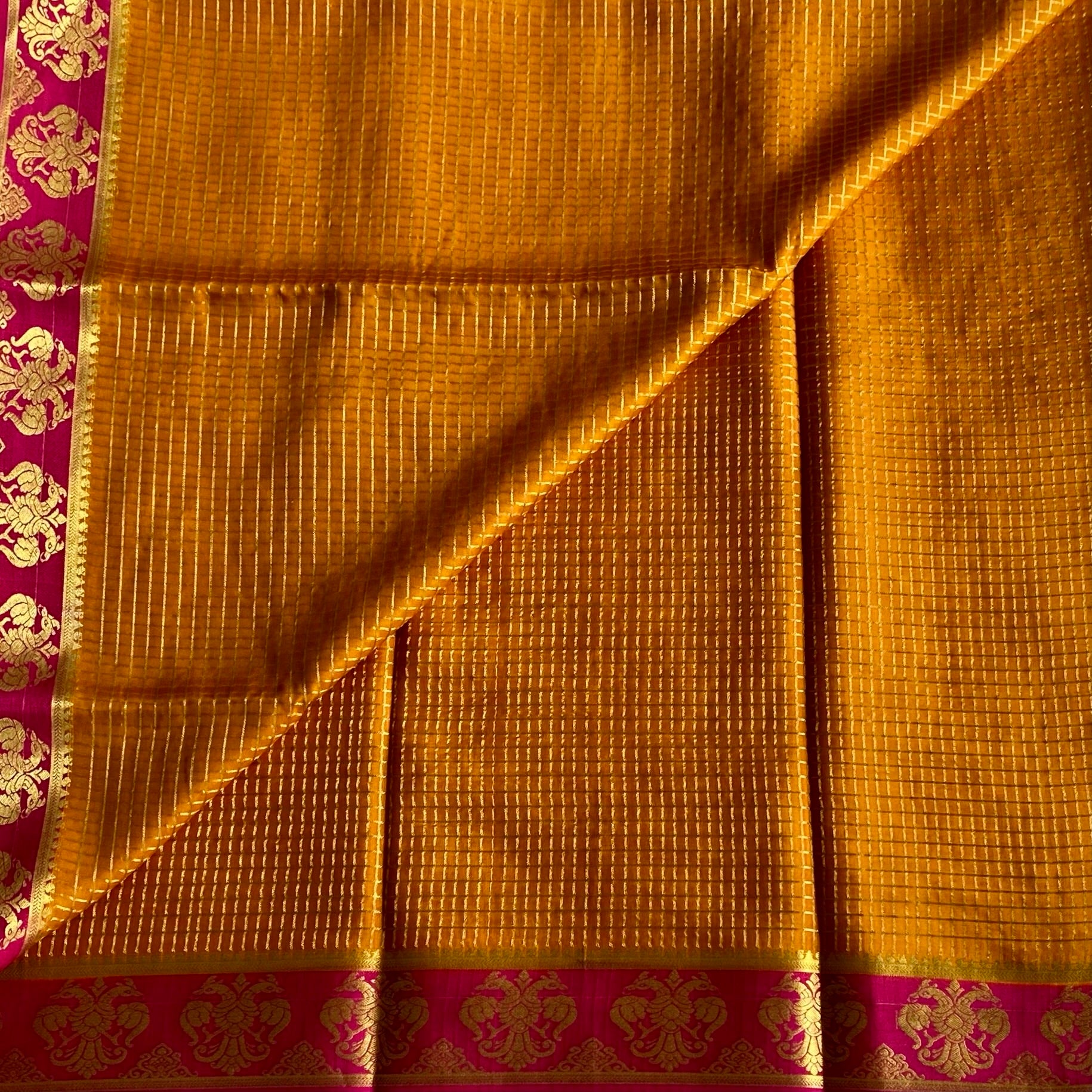 Mysore Crepe Silk Deep Mustard Saree With Rani Pink Border And Zari