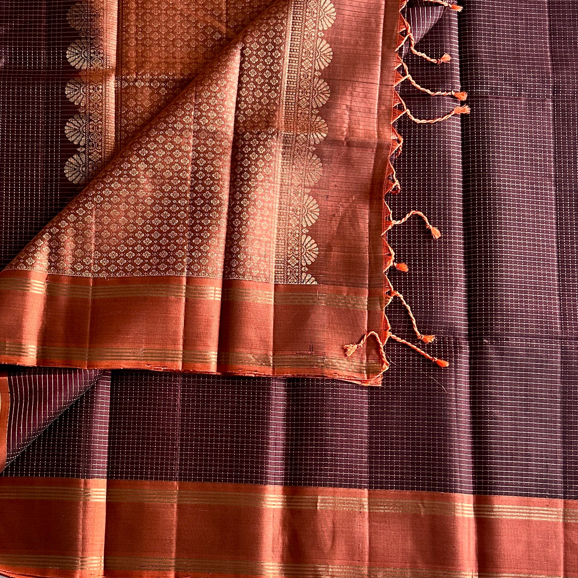 Plum Rust Orange Zari Border Saree Traditional Festive Woven