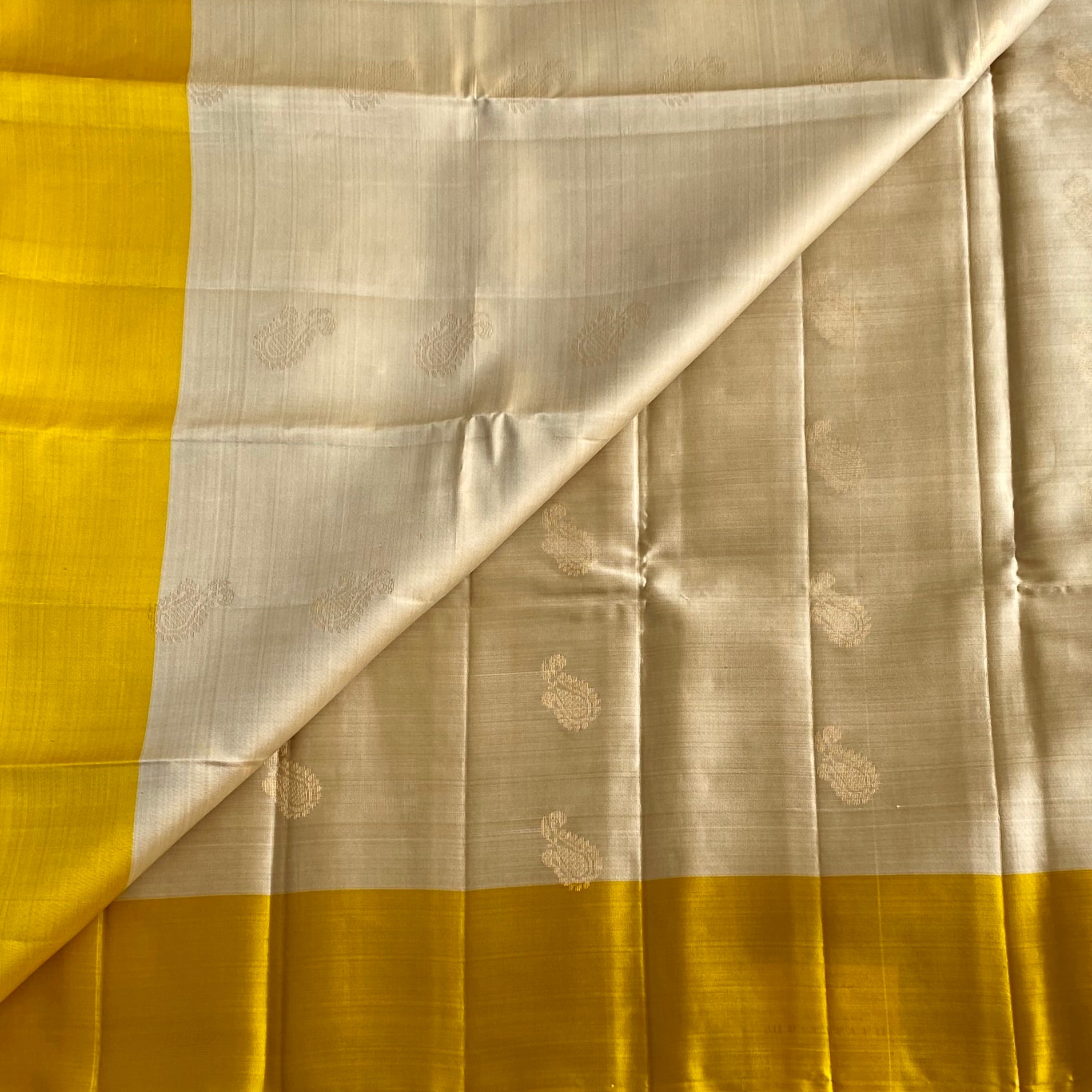 Soft Champagne Beige Designer Pure Silk Saree With Mustard Yellow Border