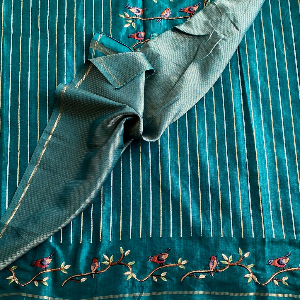 Teal Green Soft Tussar With Stripes & Designer Embroidered Borders