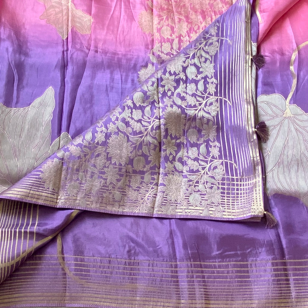 Soft pink with lavender Ombre Silk satin crepe With Gold Brocade Border
