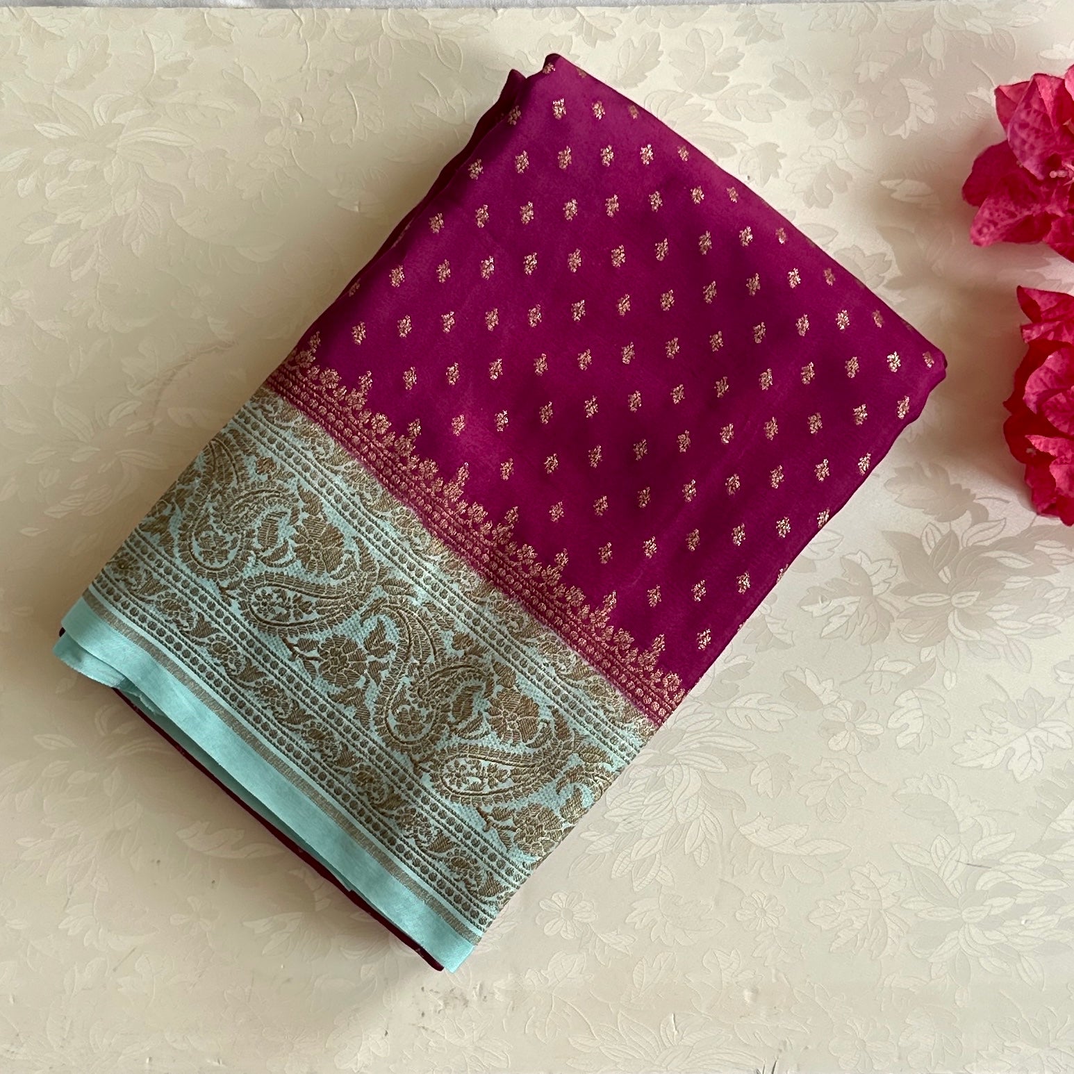 Turquoise Magenta Banarasi Brocade Silk Saree With Gold Zari Border