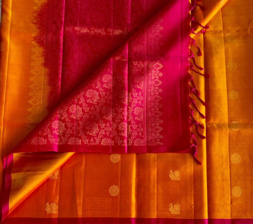 Sunset Orange Designer Pure Silk Saree With Rani Pink Pallu