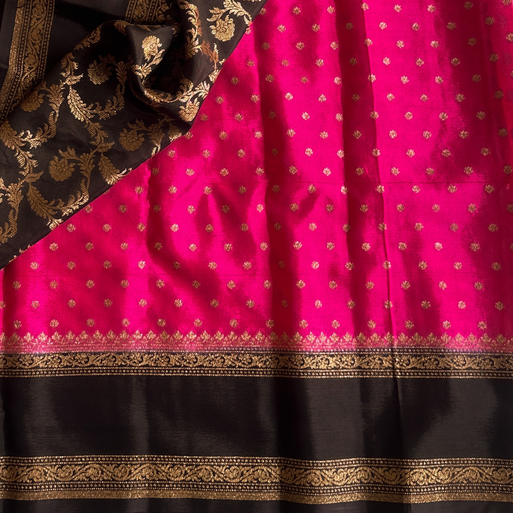 Magenta Black Silk Saree Gold Brocade Contrast Border Wedding Saree