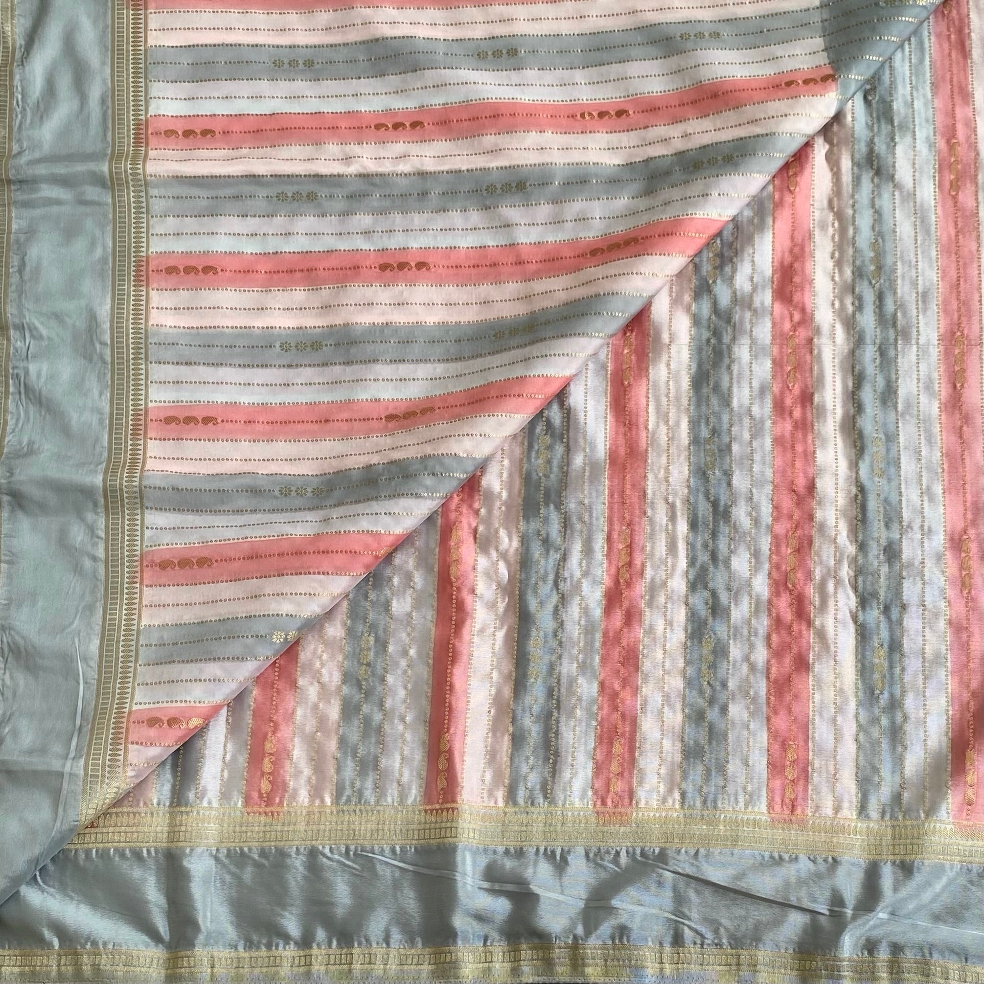 Silver Gray, White and Peach Striped Soft Tussar Silk Saree With Dusty Pink Pallu