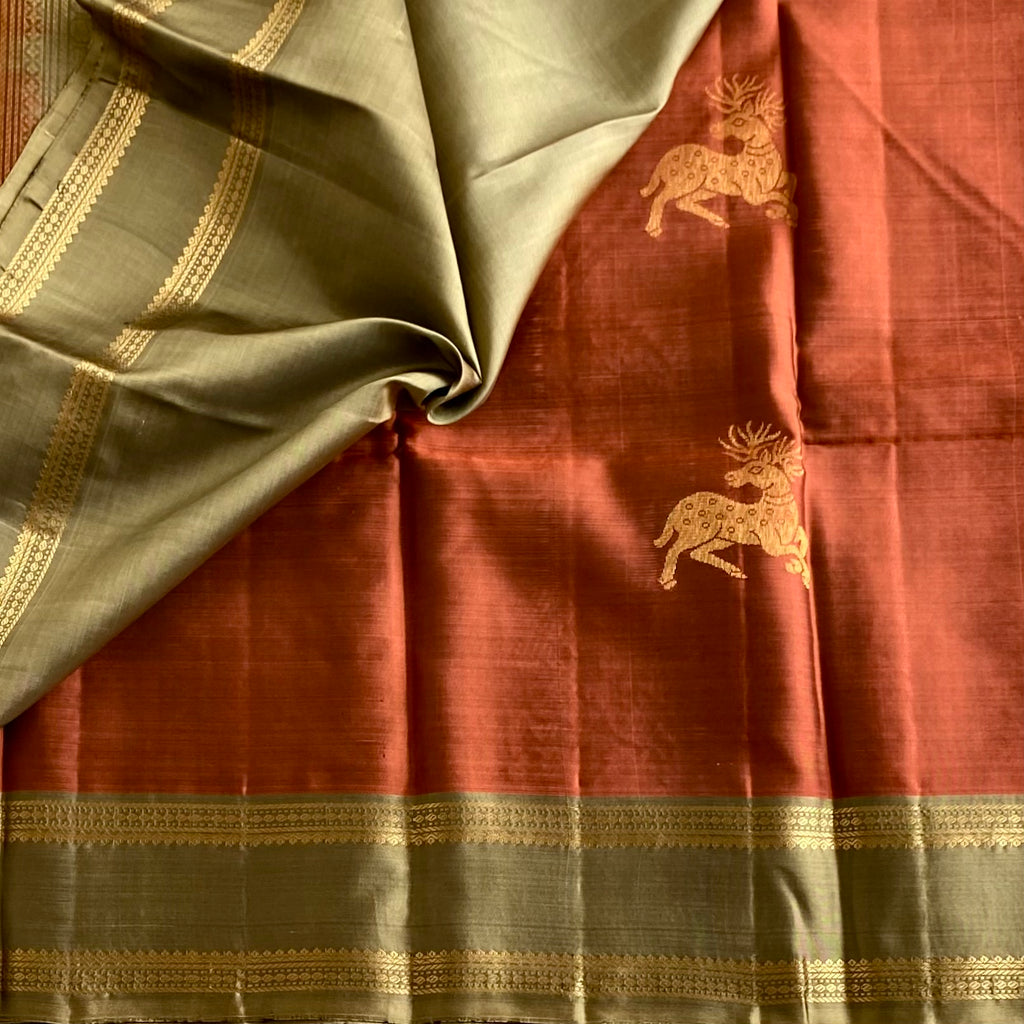 Rarest Rust With Vintage Metallic Sage Green With Deer Motifs Pure Silk