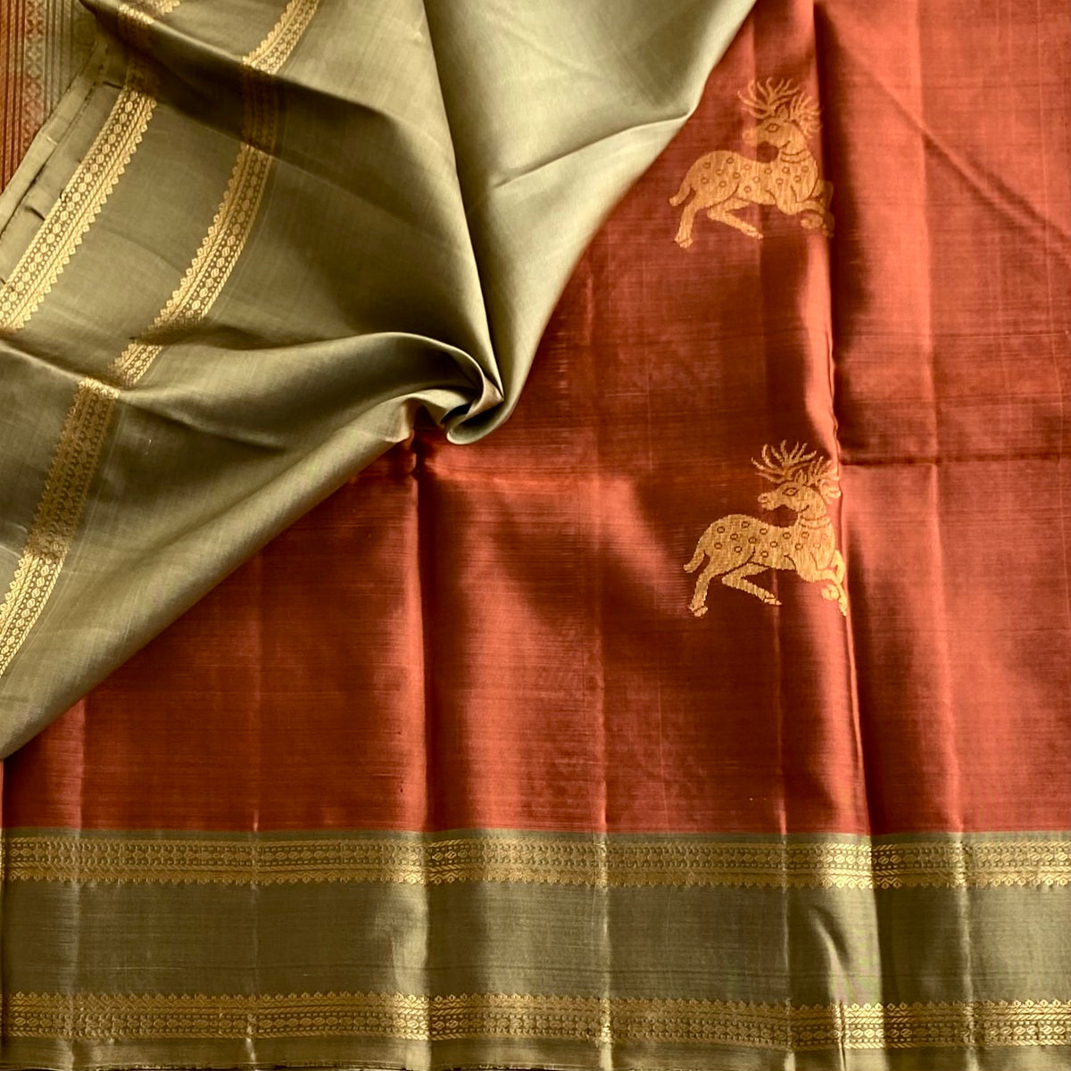 Rarest Rust With Vintage Metallic Sage Green With Deer Motifs Pure Silk