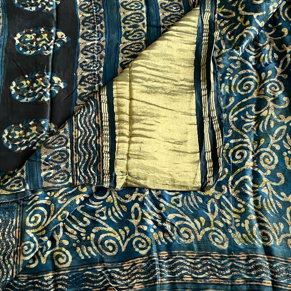 Ajrakh Handblock Printed Silk Saree Teal Blue With Antique Gold