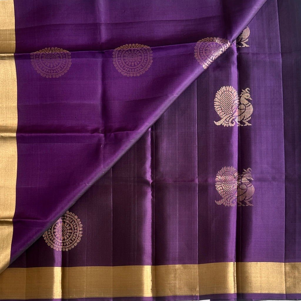 Aubergine Silk Saree with Mint Turquoise Pallu and Gold Zari