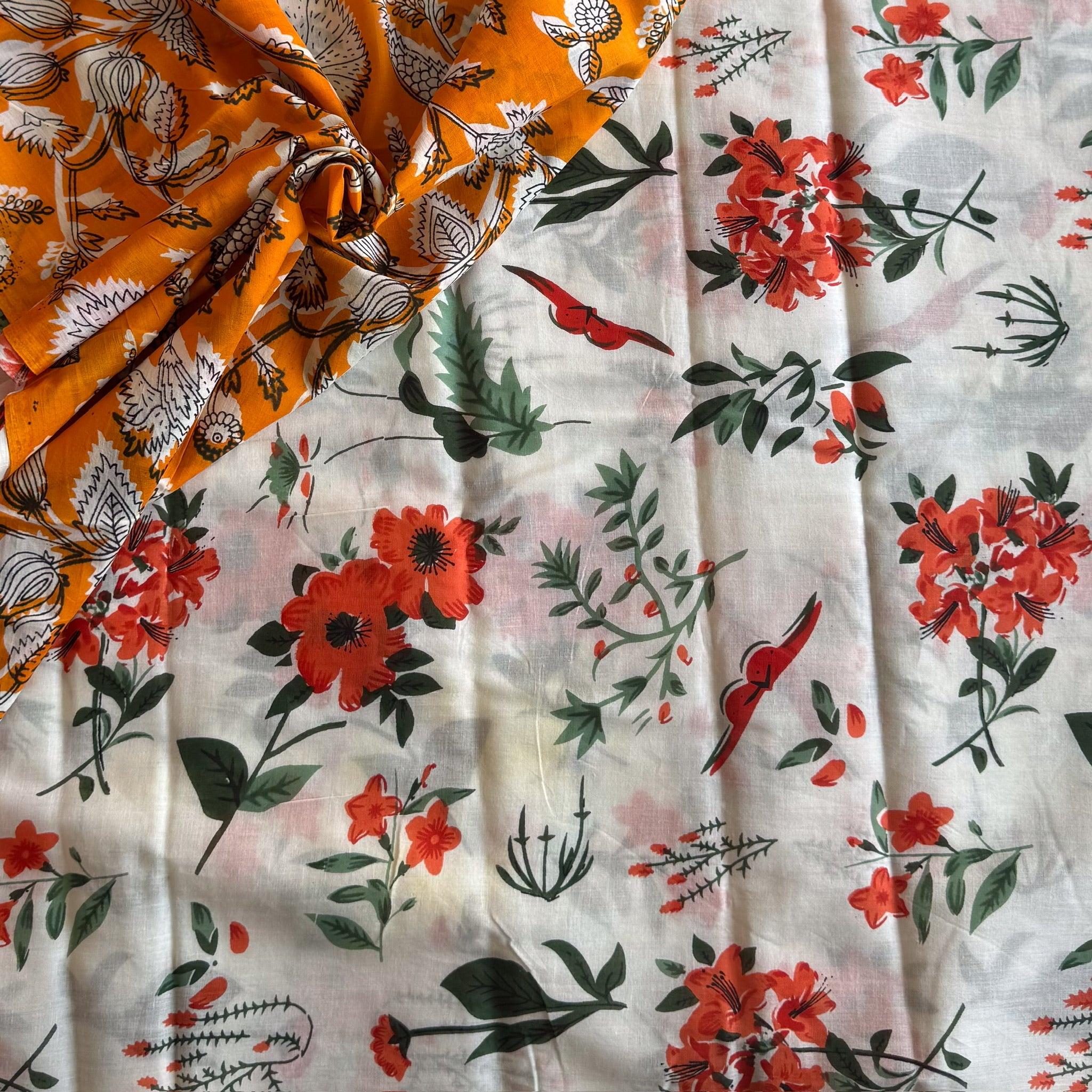Peach Floral Print Saree Orange Blooms Green Leaves Casual Wear