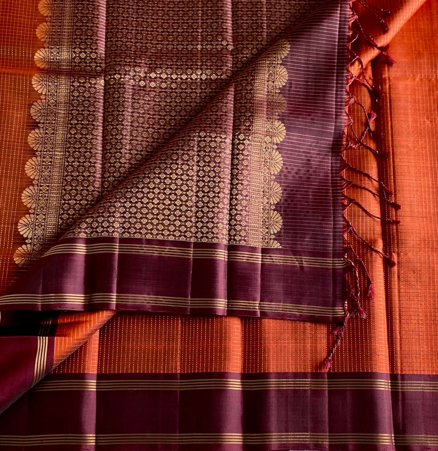 Deep Maroon Designer Pure Silk Saree With Burnt Orange Pallu