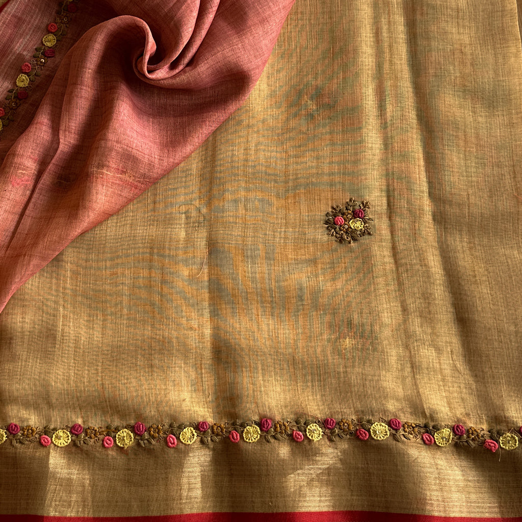 Traditional Mustard Gold Floral Embroidered Saree with Rust Striped Pallu