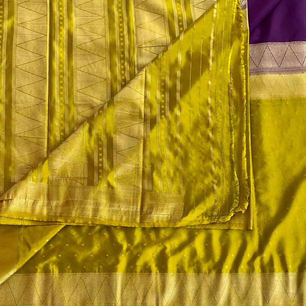Chartreuse Silk Saree Gold Zari Geometric Border Purple Pallu Traditional
