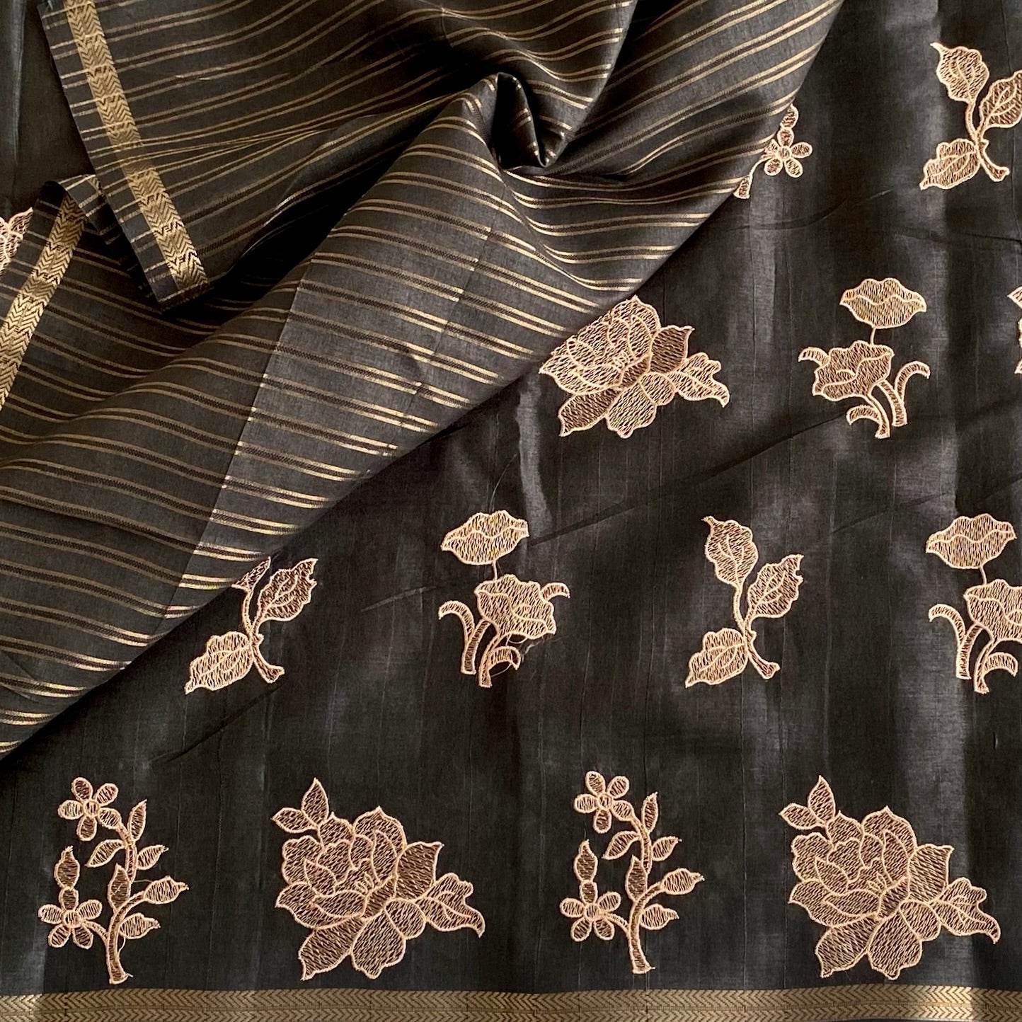 Jet Black Soft Tussar Silk Saree With Blush Embroidery Gold Pallu