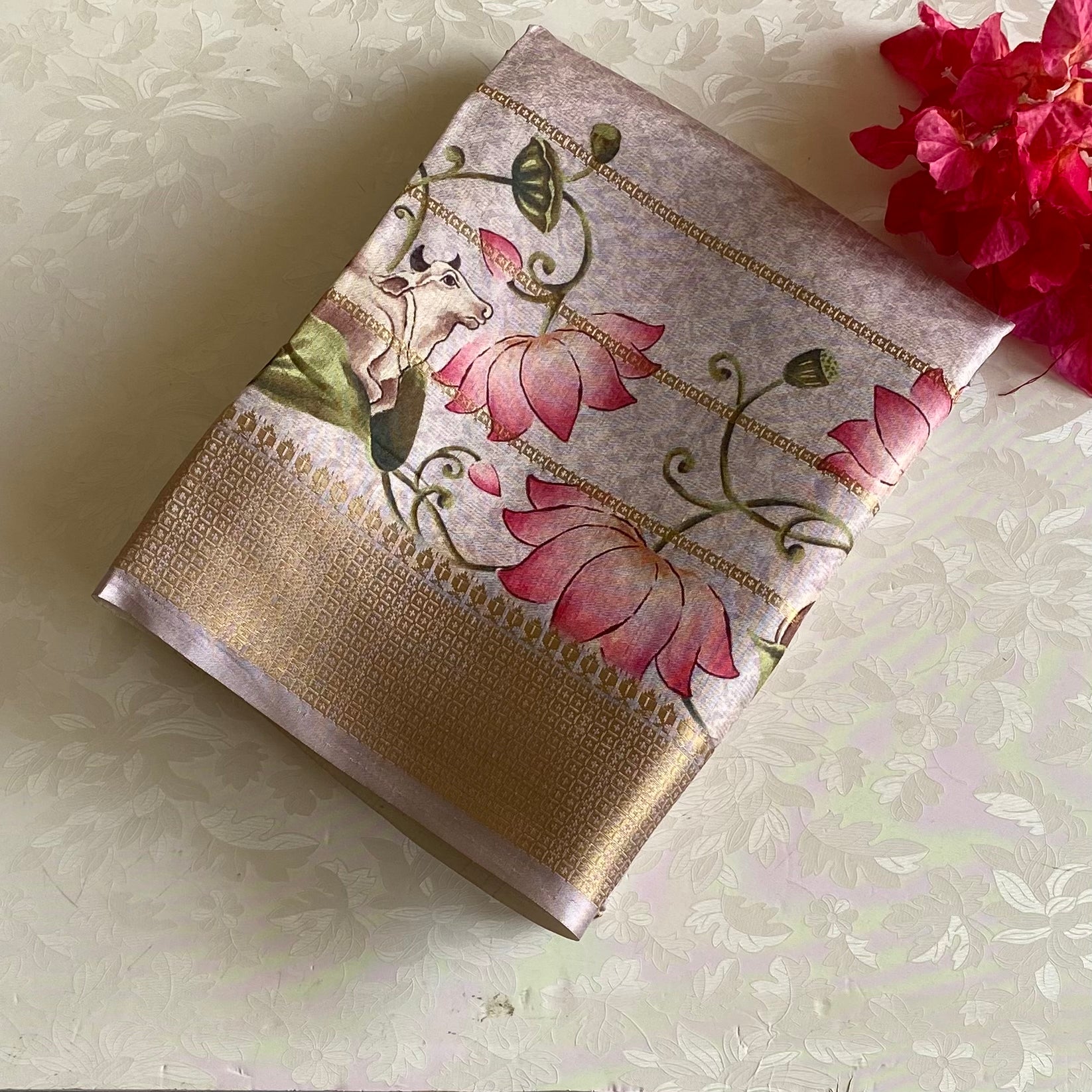 Lightest Silver Mauve Soft Tussar Silk Saree With Lotus Pink Pallu