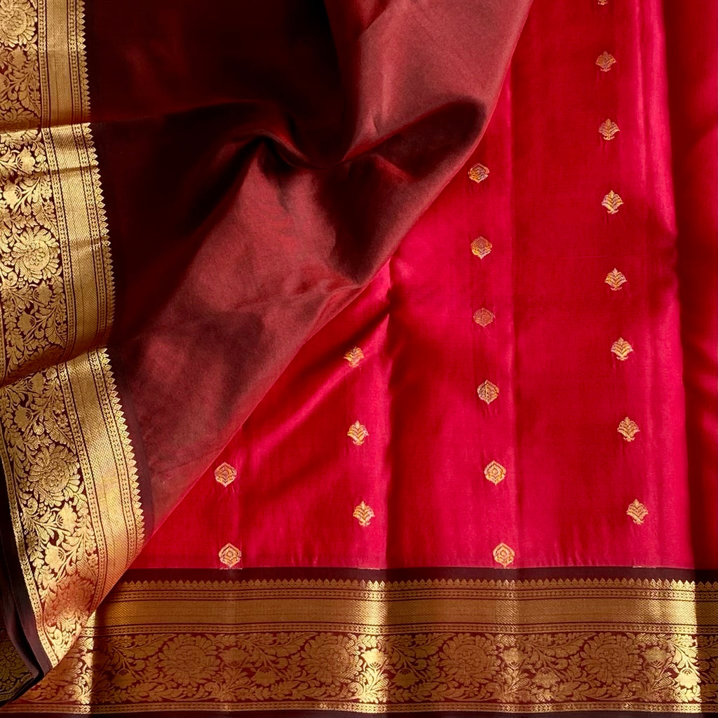 Tomato red with Wine Brown Designer Pure silk with Rich Borders