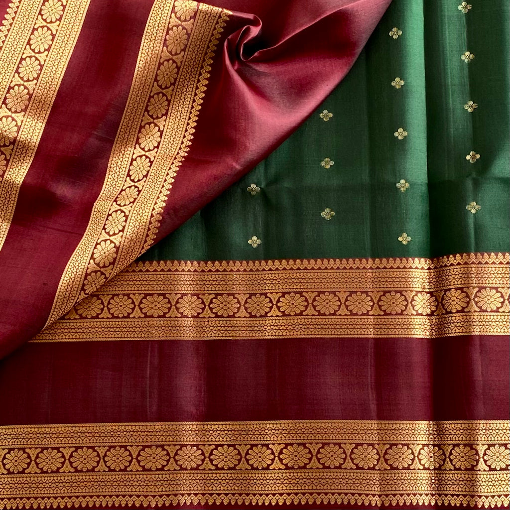 Bottle Green Designer Pure Silk With Deep Maroon Retta Petta Border