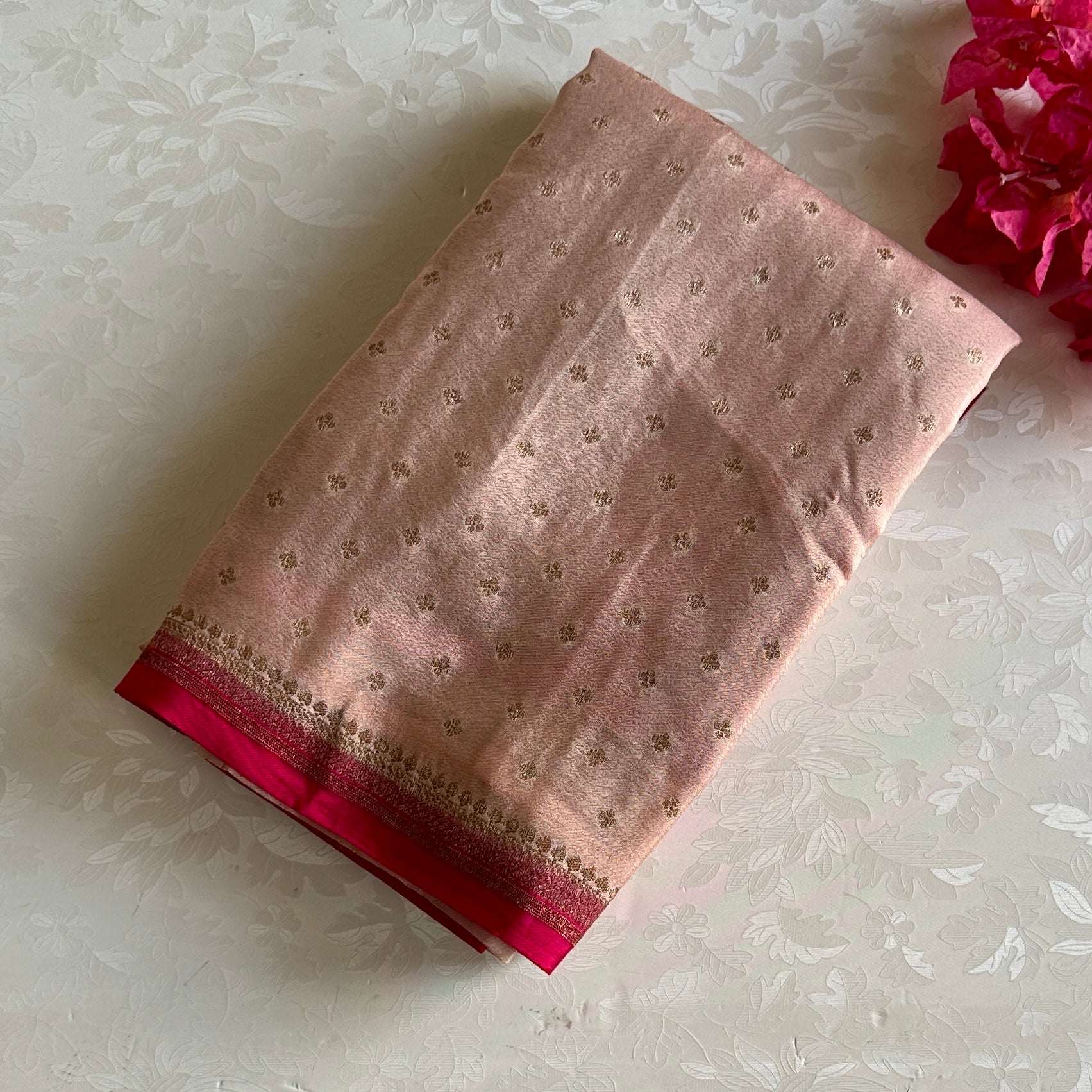 Pastel Rose Gold Banarasi Soft Crepe Silk With Rani Pink Pallu