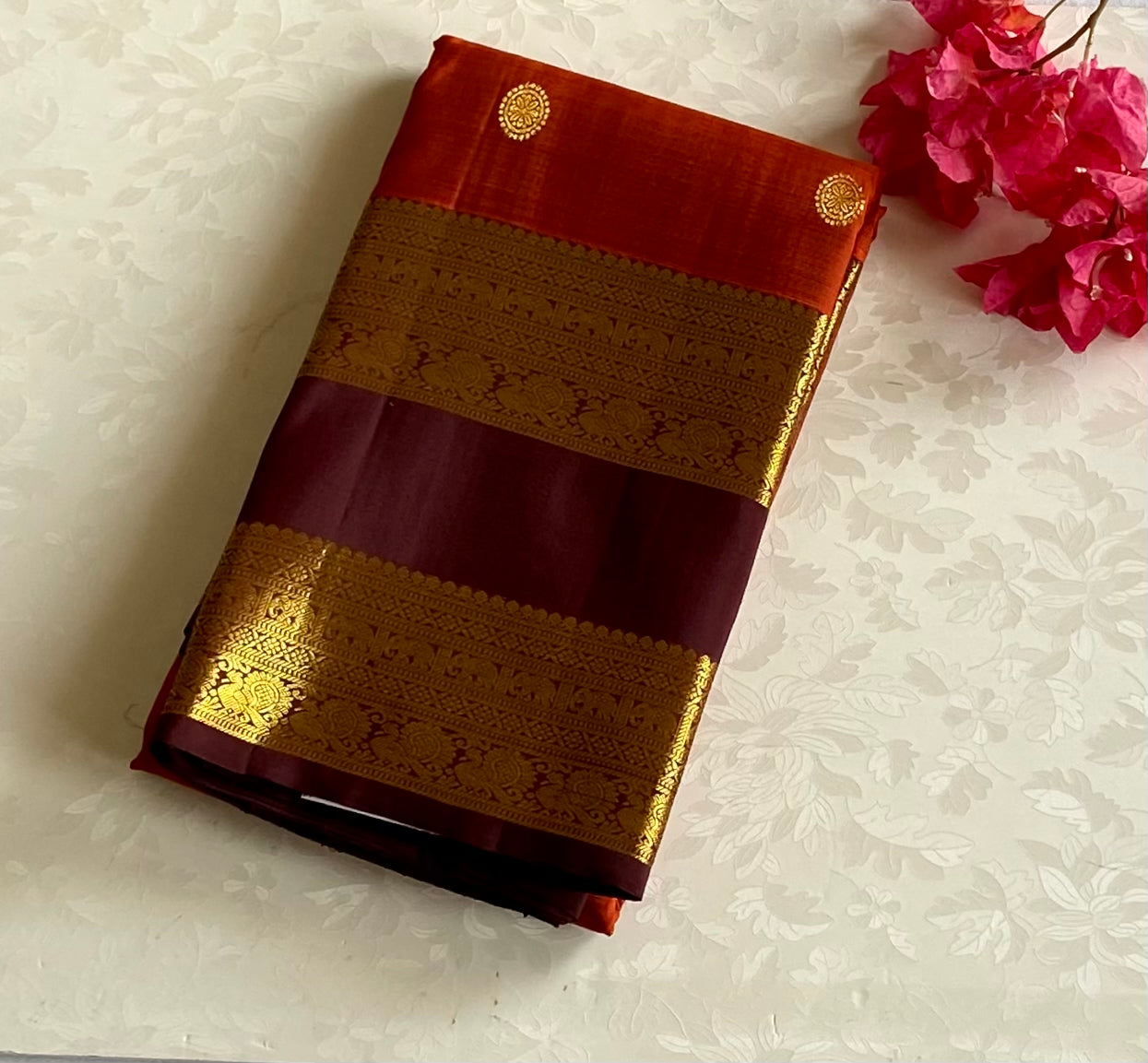 Deep vintage rust with wine brown retta pett designer Kanjeeram silk