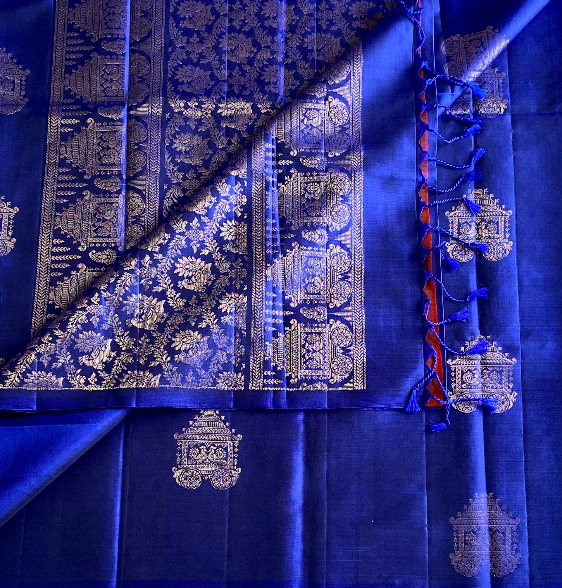 Cobalt Blue Banarasi Silk Saree Copper Gold Brocade Temple Motifs