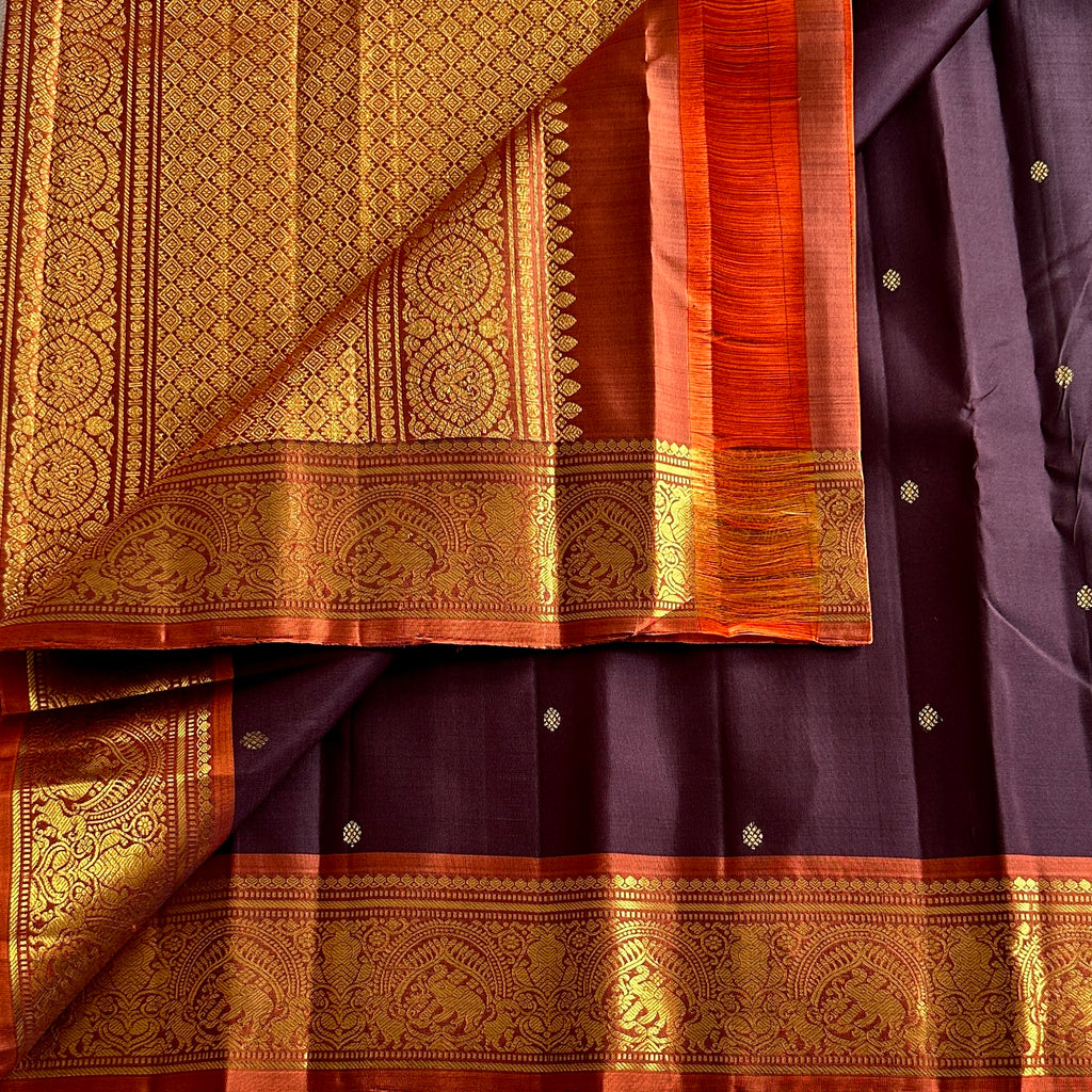Deep Chocolate Wine Kanjivaram Silk Saree Gold Brocade Pallu Orange Border